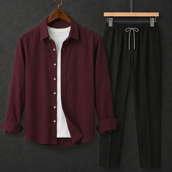 Premium Wine Red Full Sleeves Shirt With Black Drawstring Trouser