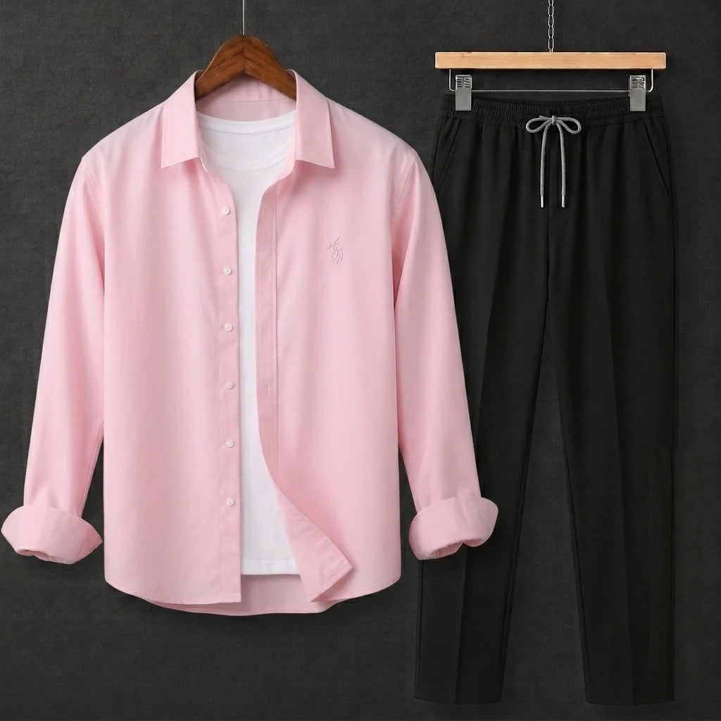 Premium Baby Pink Full Sleeves Shirt With Black Drawstring Trouser