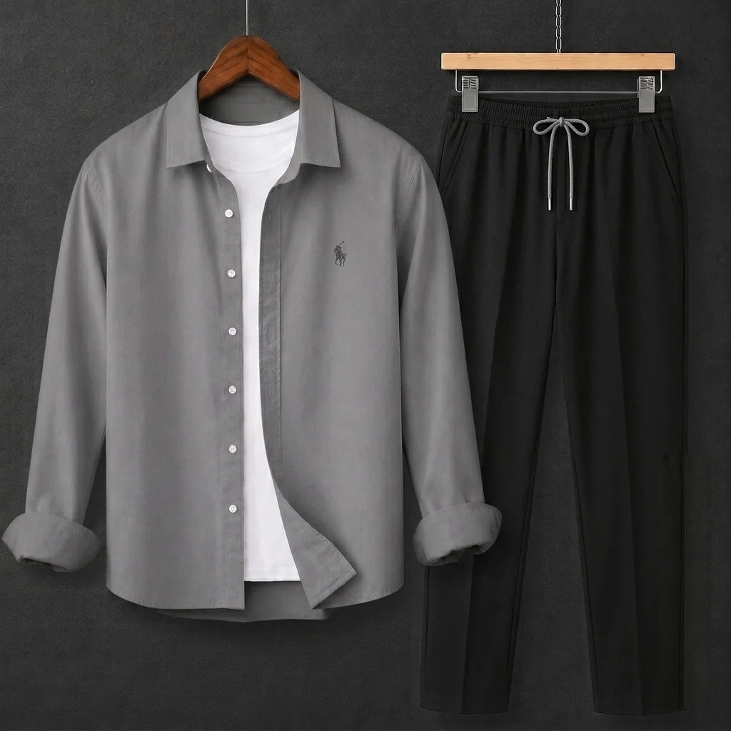 Premium Gray Full Sleeves Shirt With Black Drawstring Trouser