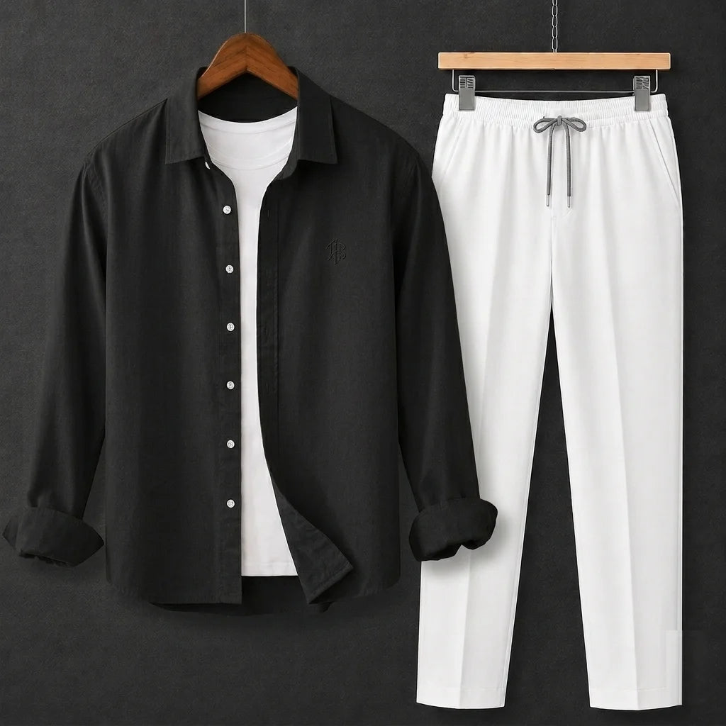 Premium Black Full Sleeves Shirt With White Drawstring Trouser