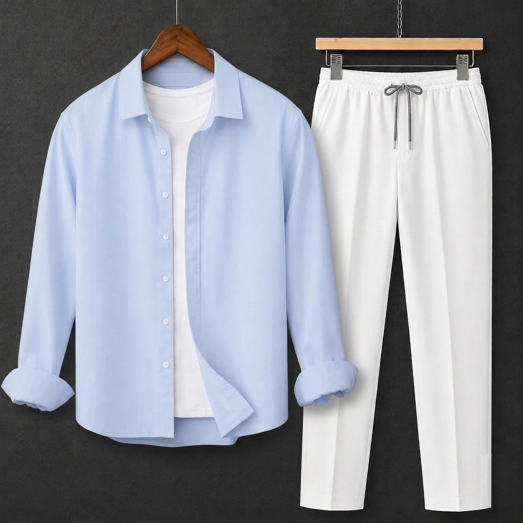 Premium Sky Blue Full Sleeves Shirt With White Drawstring Trouser
