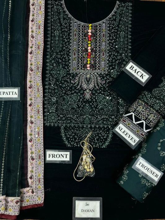 Velvet Embroidered Hand Embellished Luxury Unstitched 3Piece