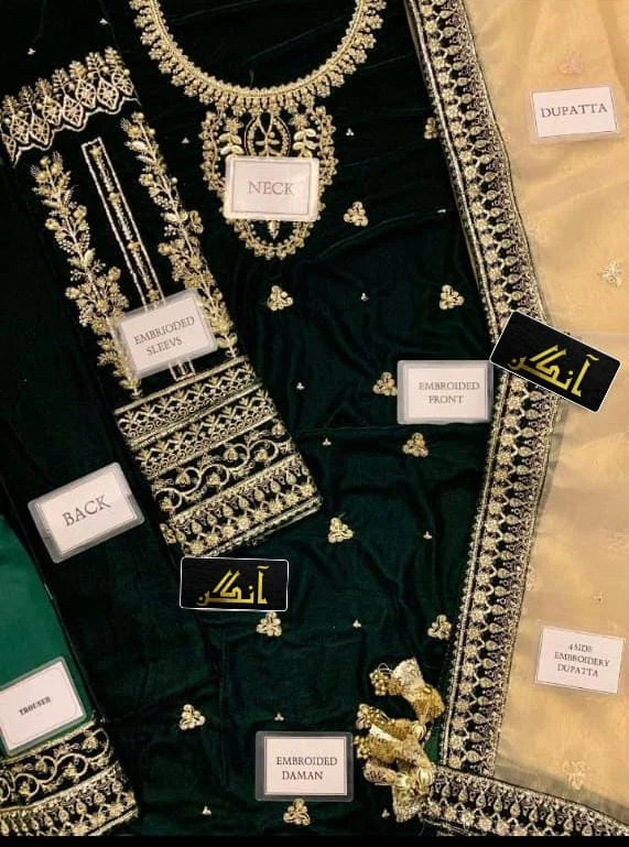 Velvet Embroidered Hand Embellished Luxury Unstitched 3Piece