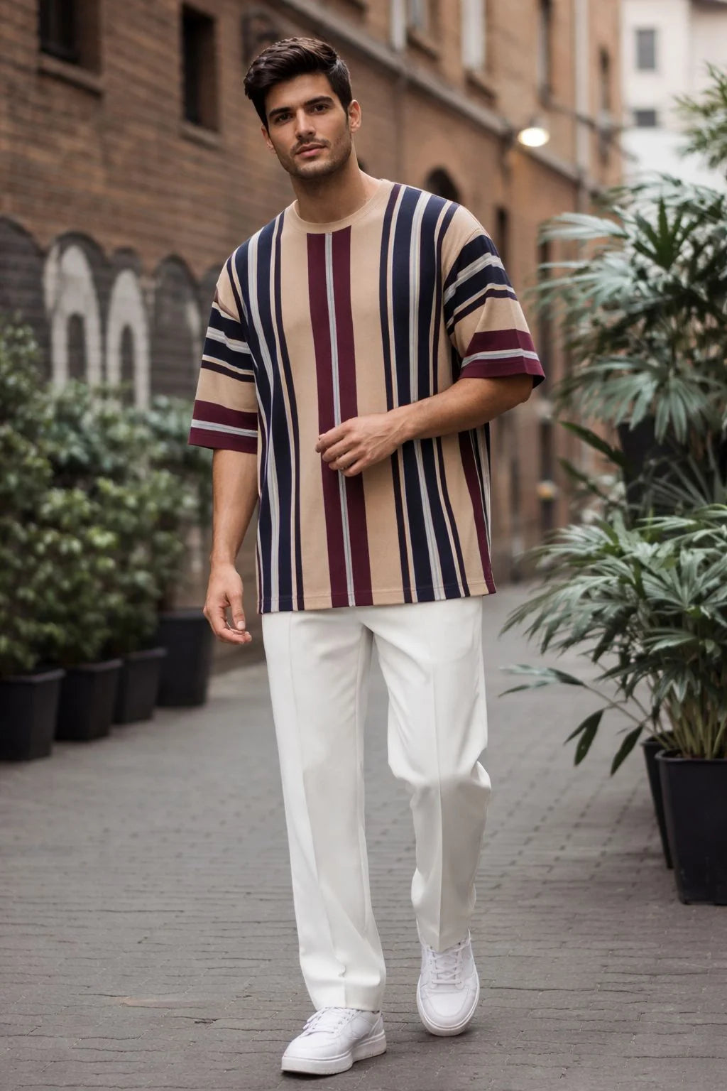 Beige Stripped Drop Shoulder Shirt With White Drawstring Trouser