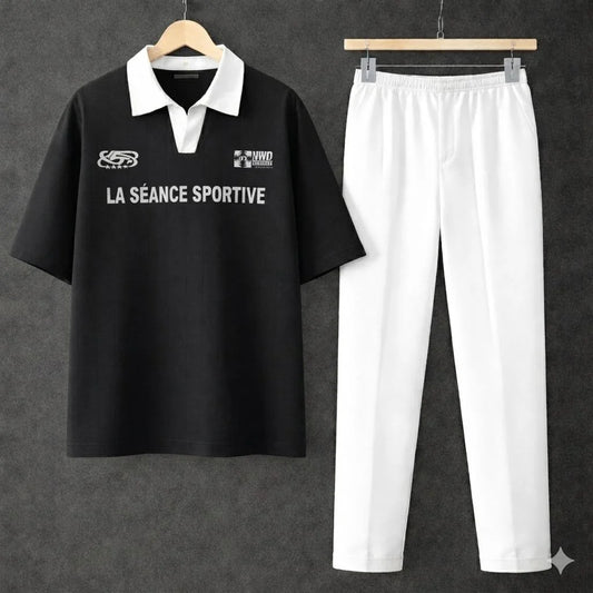 Black Polo Contrast Collar Printed Drop Shoulder Shirt With White Drawstring Trouser