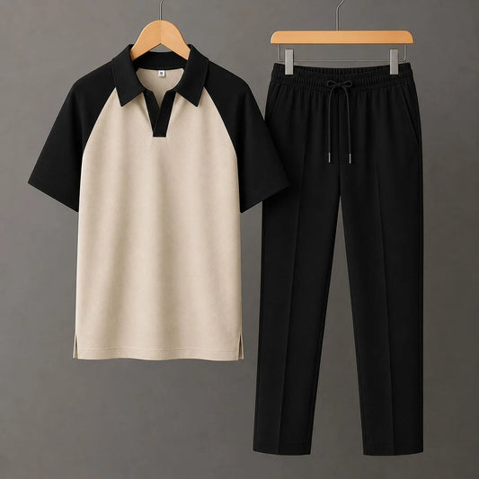 Beige Drop Shoulder Polo Shirt with Black Contrast Collar and Sleeves With Black Drawstring Trouser