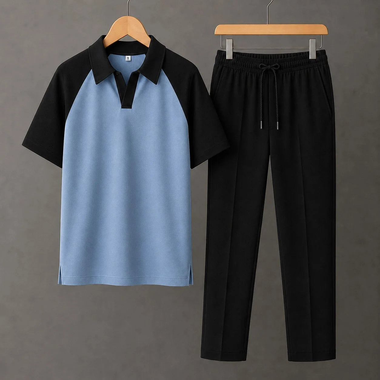 Sky Blue Drop Shoulder Polo Shirt with Black Contrast Collar and Sleeves With Black Drawstring Trouser