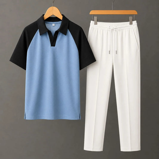 Sky Blue Drop Shoulder Polo Shirt with Black Contrast Collar and Sleeves With White Drawstring Trouser