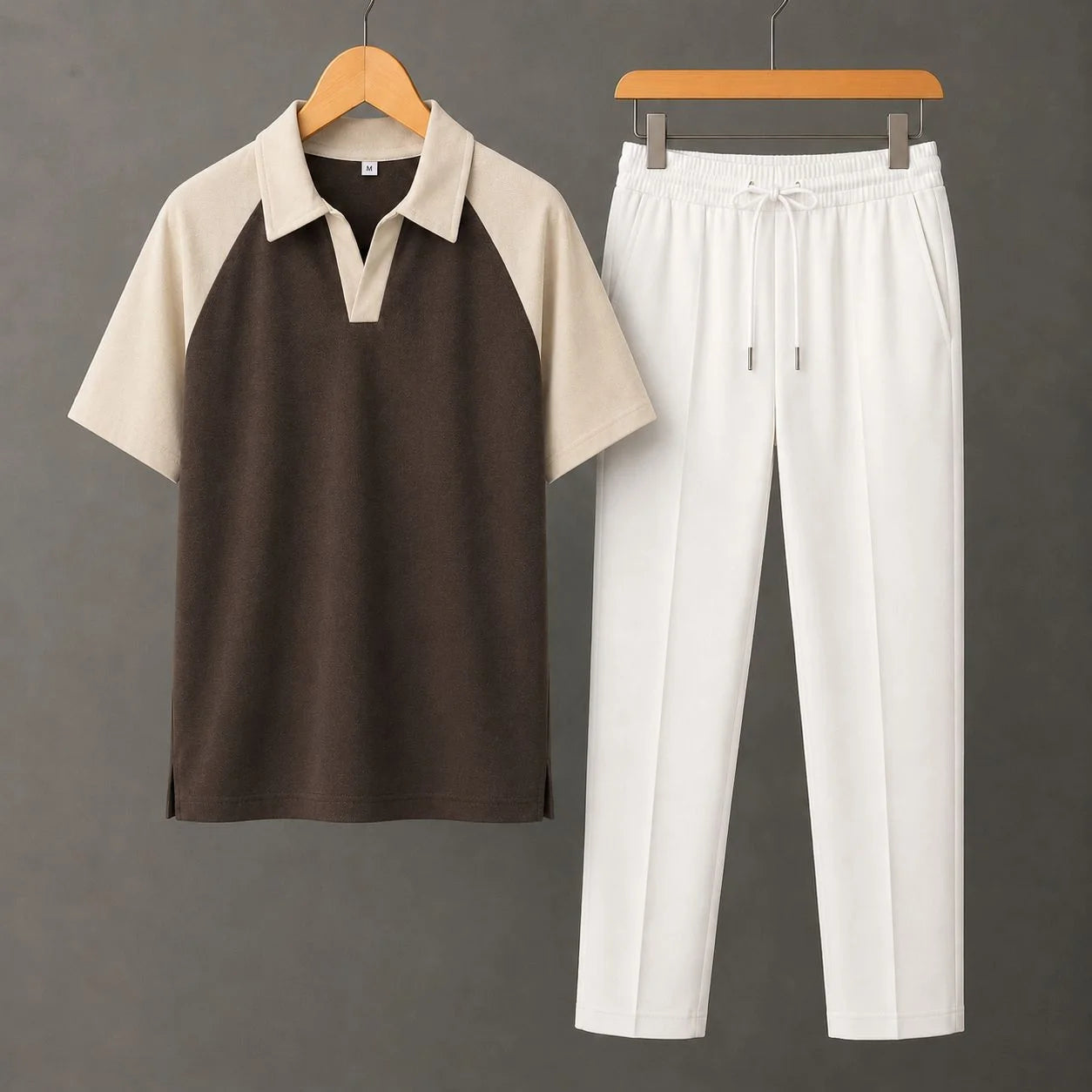 Brown Drop Shoulder Polo Shirt with Beige Contrast Collar and Sleeves With White Drawstring Trouser