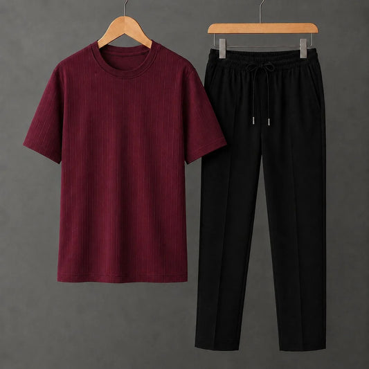 Premium Maroon Ribbed T-Shirt With Black Drawstring Trouser