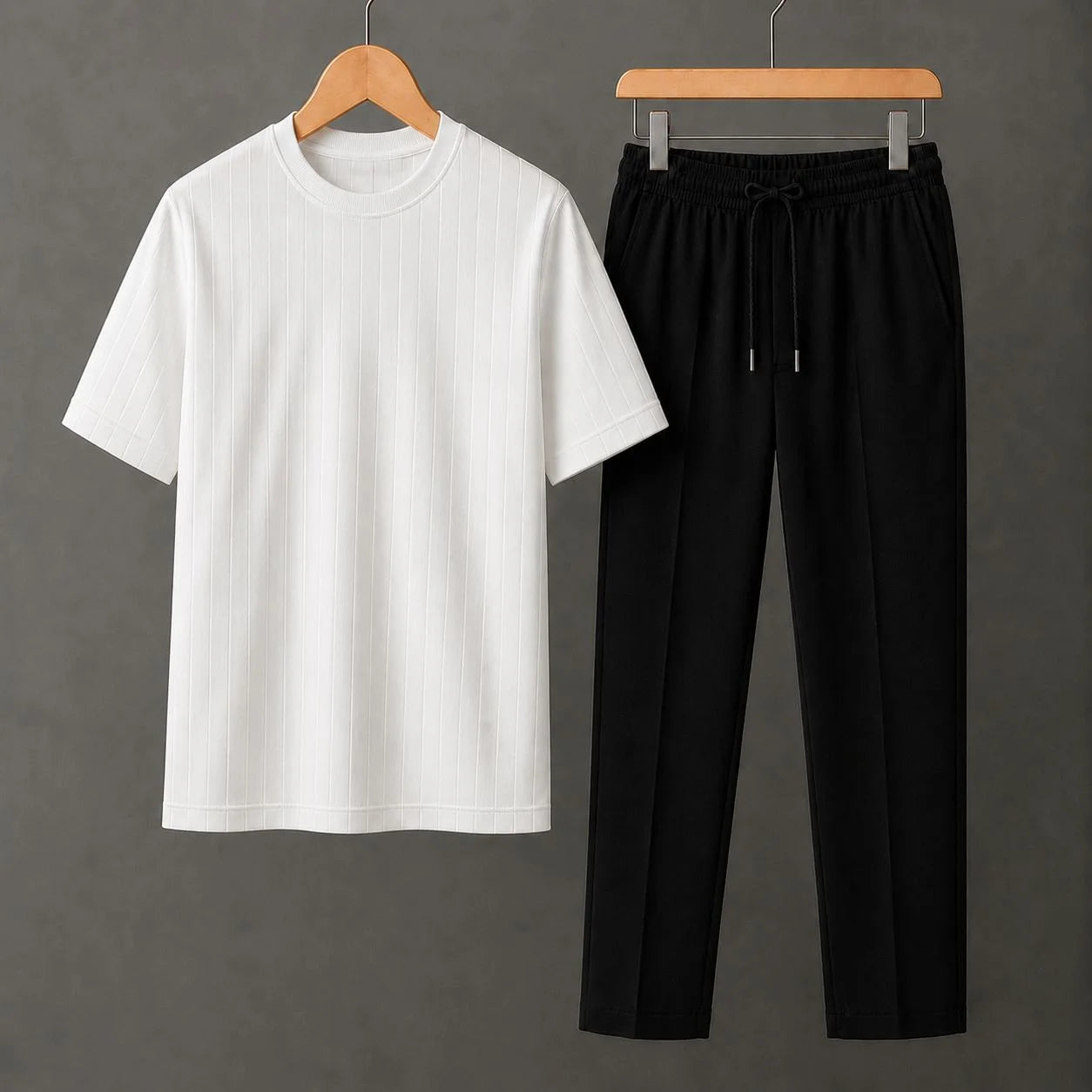 Premium White Ribbed T-Shirt With Black Drawstring Trouser