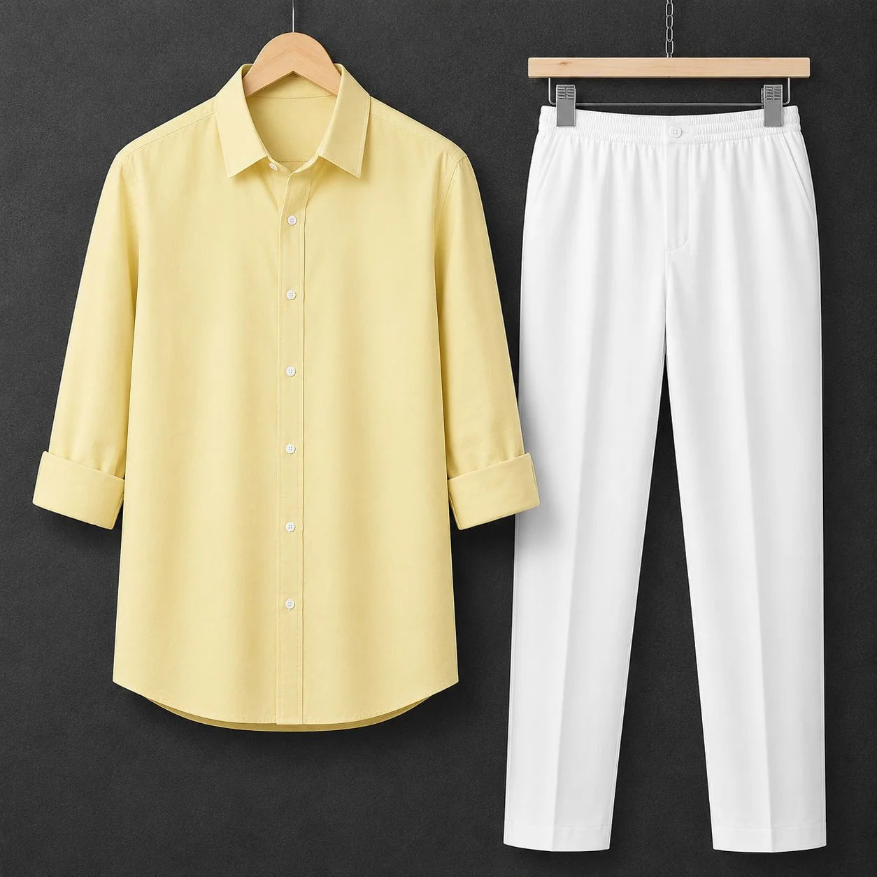Premium Lemon Yellow Full Sleeves Shirt With White Drawstring Trouser