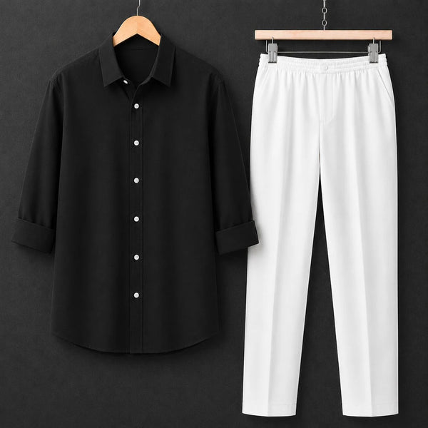 Premium Black Full Sleeves Shirt With White Drawstring Trouser