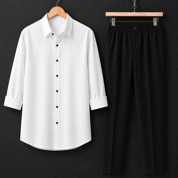 Premium White Full Sleeves Shirt With Black Drawstring Trouser