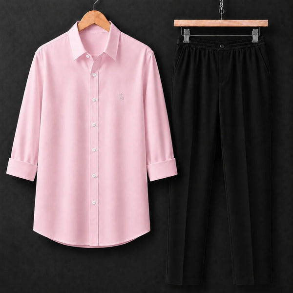 Premium Baby Pink Full Sleeves Shirt With Black Drawstring Trouser