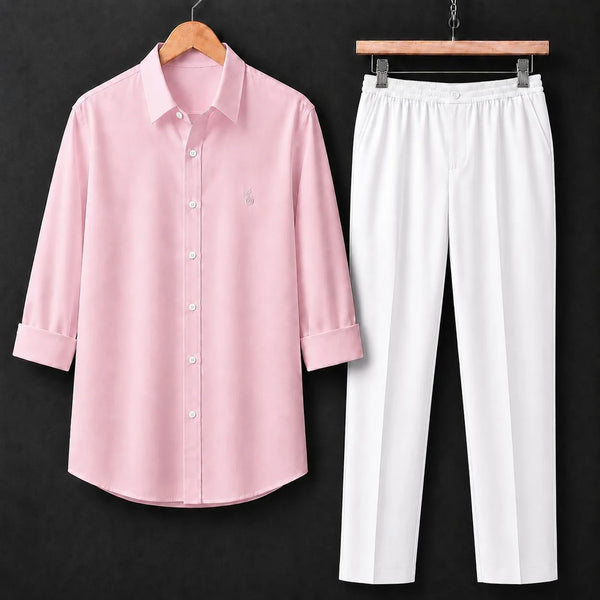 Premium Baby Pink Full Sleeves Shirt With White Drawstring Trouser