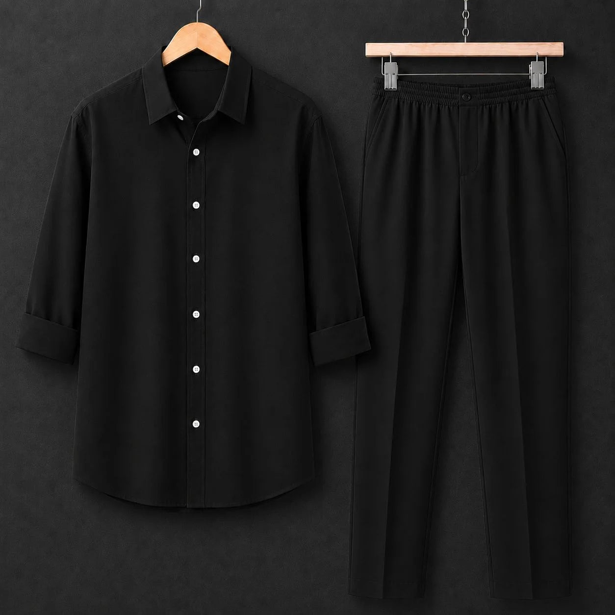 Premium Black Full Sleeves Shirt With Black Drawstring Trouser