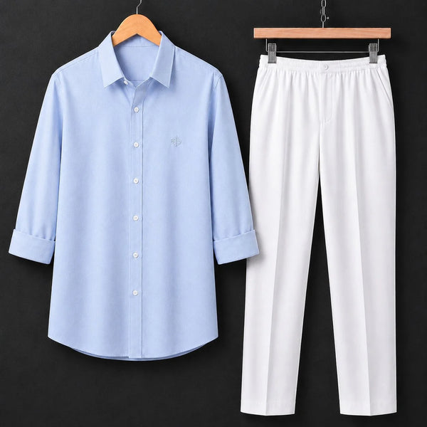 Premium Ice Blue Full Sleeves Shirt With White Drawstring Trouser