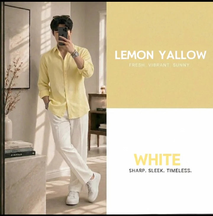 Premium Lemon Yellow Full Sleeves Shirt With White Drawstring Trouser