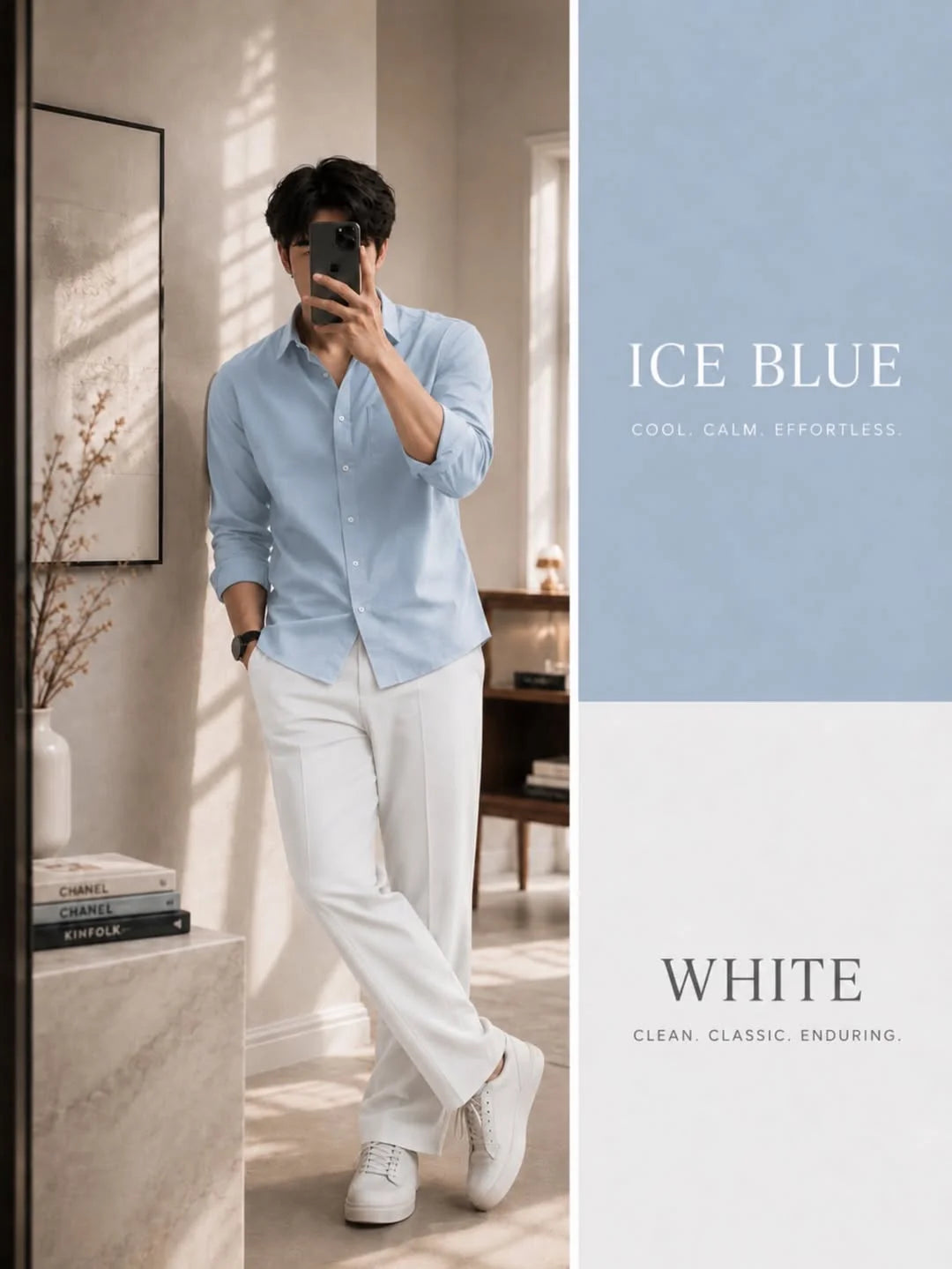 Premium Ice Blue Full Sleeves Shirt With White Drawstring Trouser