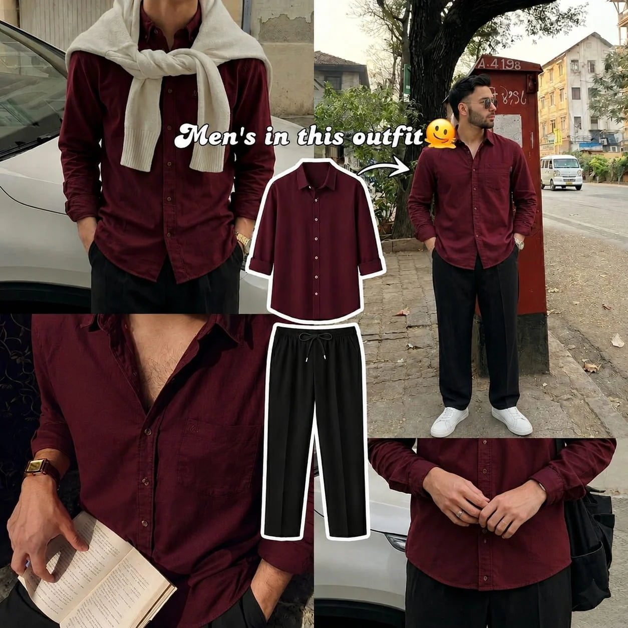 Premium Wine Red Full Sleeves Shirt With Black Drawstring Trouser