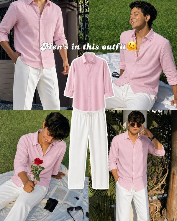 Premium Baby Pink Full Sleeves Shirt With White Drawstring Trouser