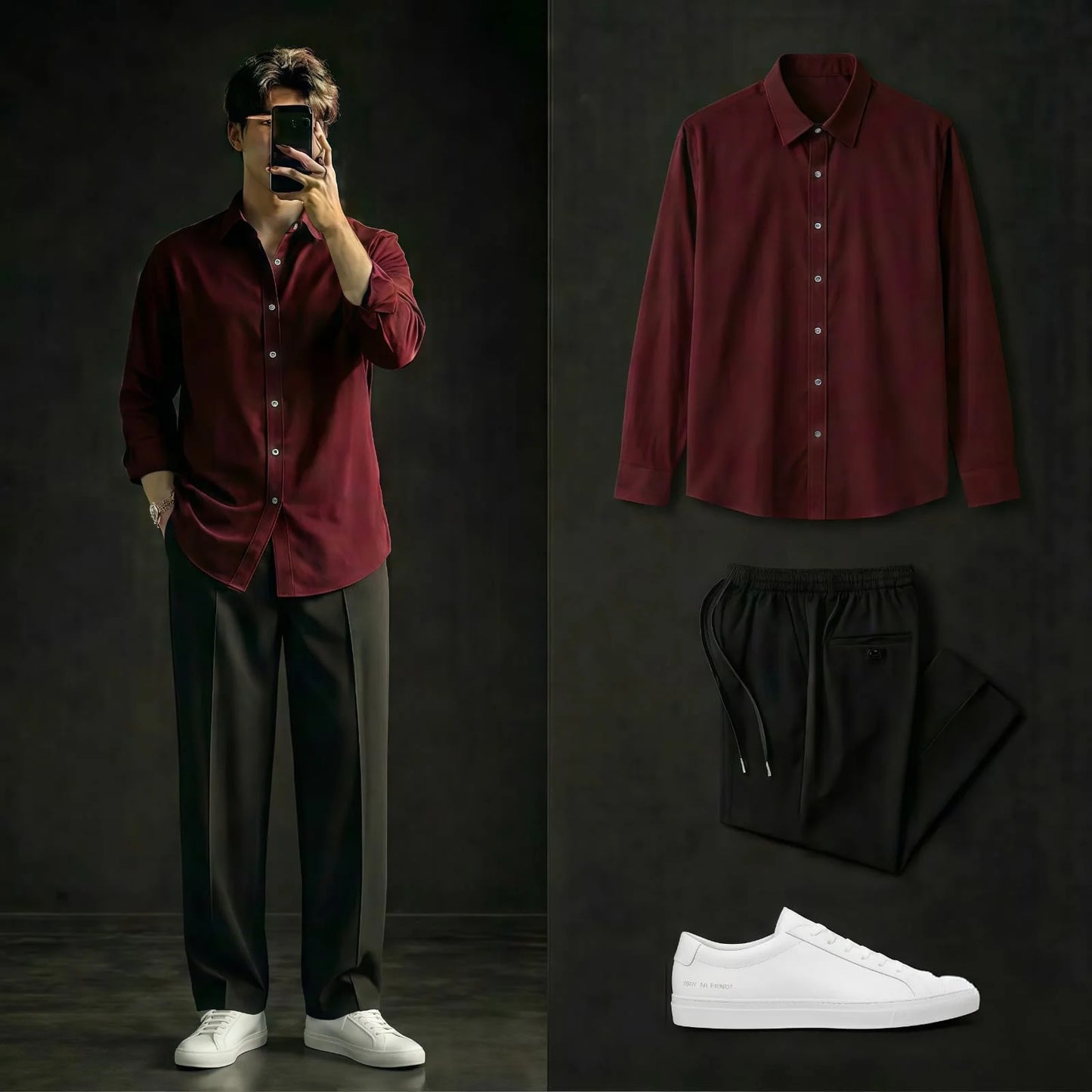 Premium Wine Red Full Sleeves Shirt With Black Drawstring Trouser