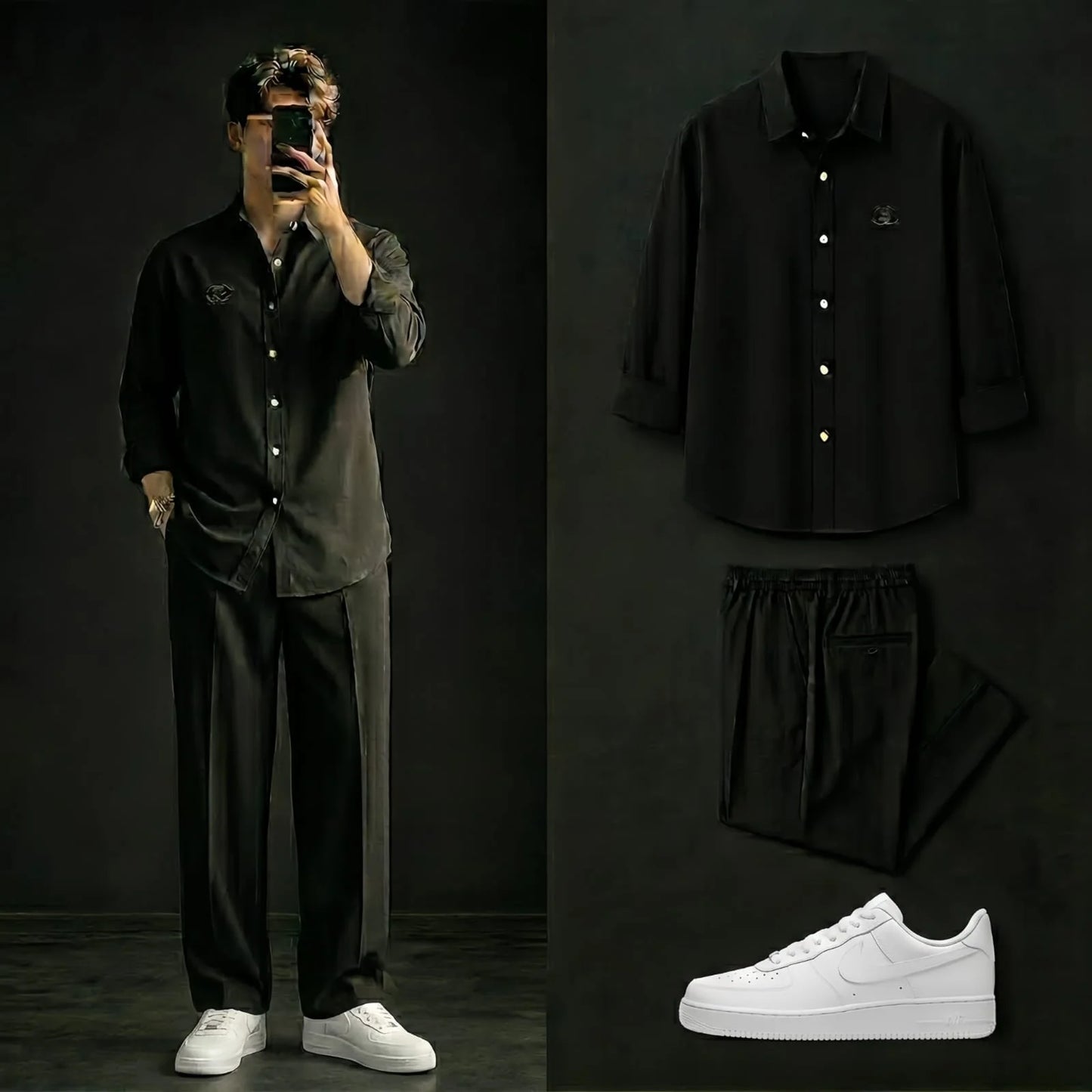 Premium Black Full Sleeves Shirt With Black Drawstring Trouser