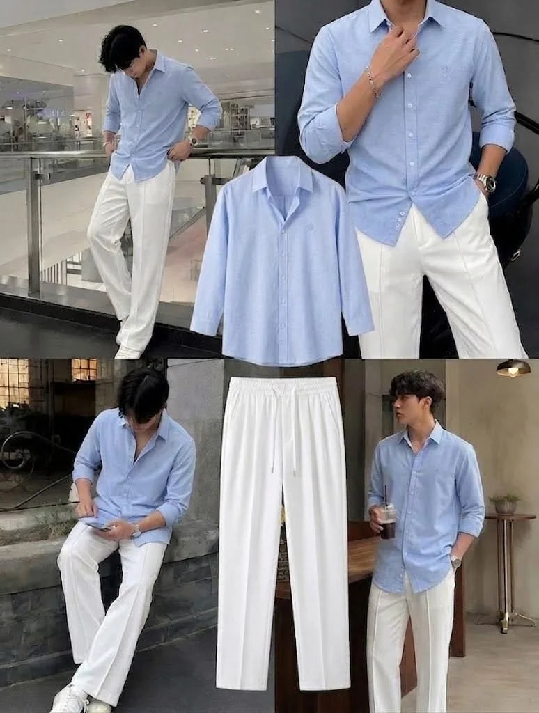 Premium Ice Blue Full Sleeves Shirt With White Drawstring Trouser