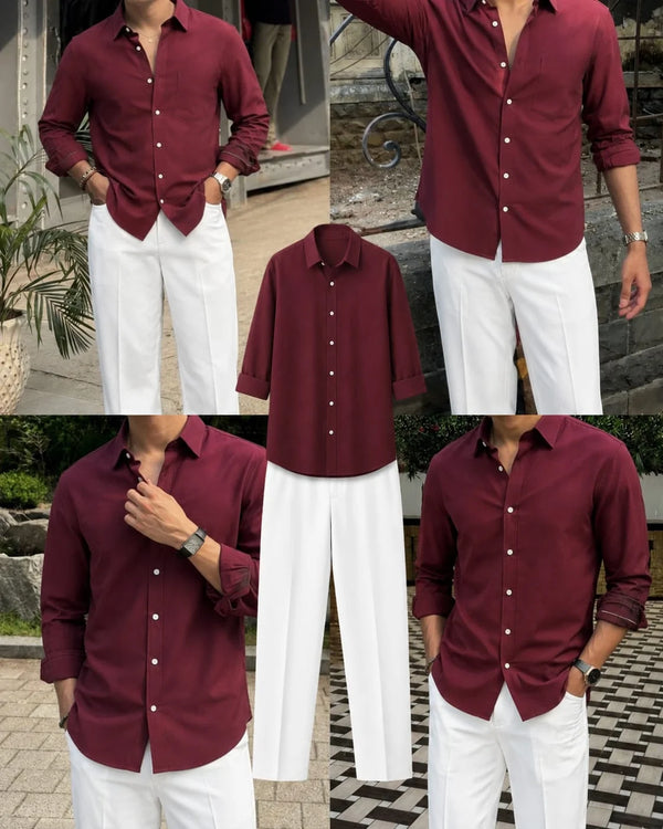 Premium Maroon Full Sleeves Shirt With White Drawstring Trouser
