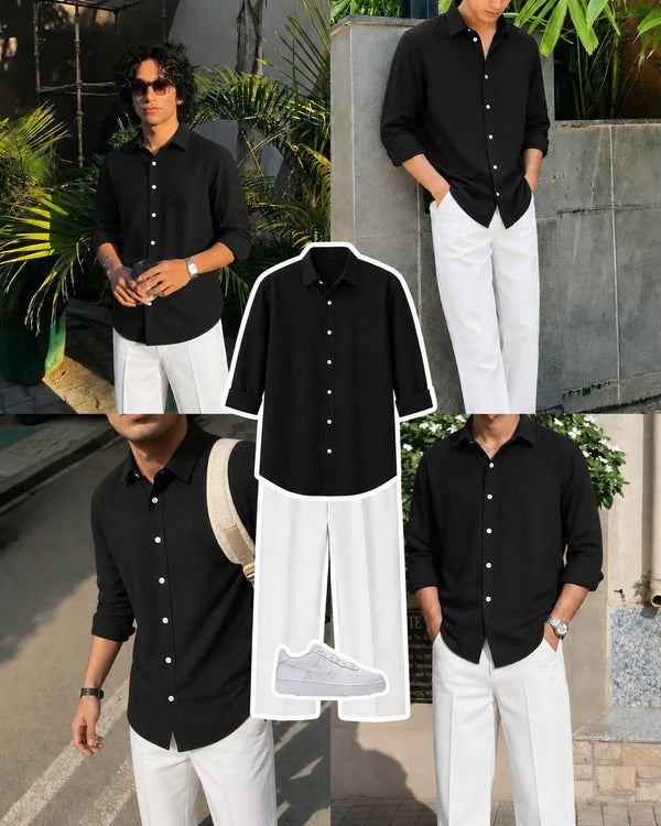 Premium Black Full Sleeves Shirt With White Drawstring Trouser