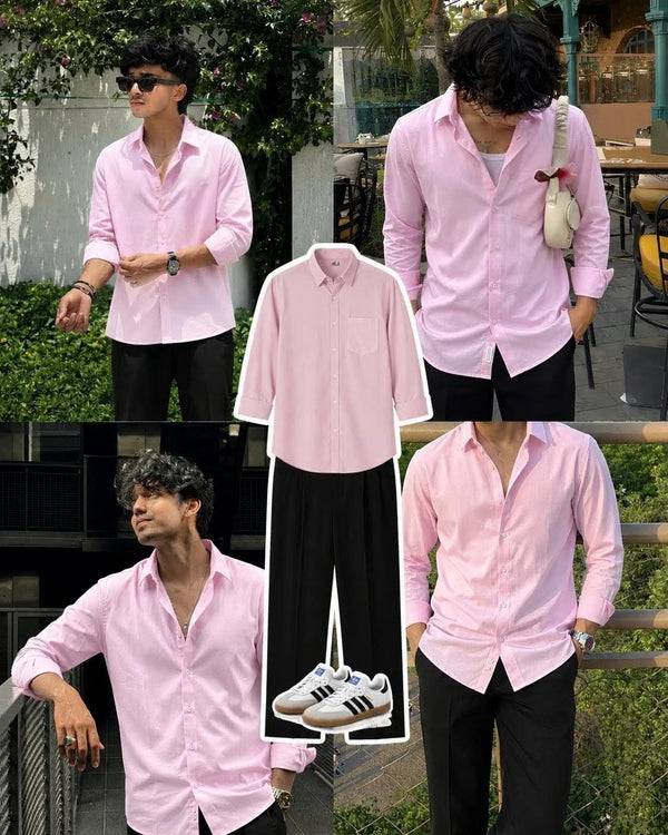 Premium Baby Pink Full Sleeves Shirt With Black Drawstring Trouser