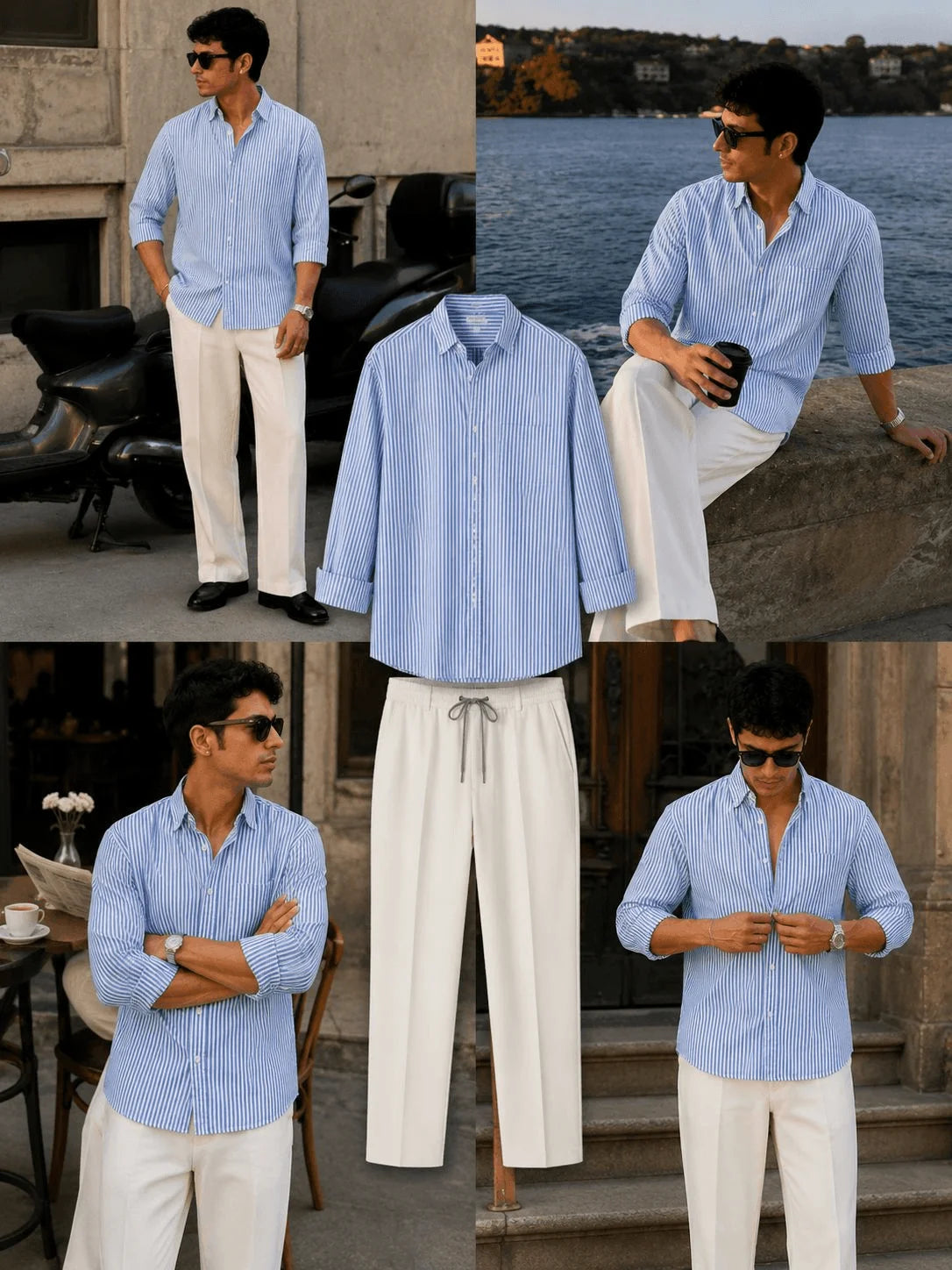 Premium Azure Stripe Full Sleeves Shirt With White Drawstring Trouser