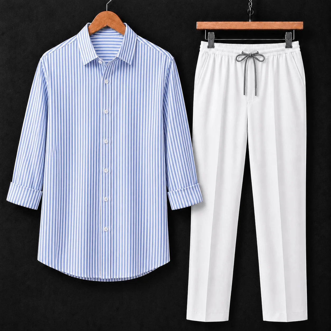 Premium Azure Stripe Full Sleeves Shirt With White Drawstring Trouser