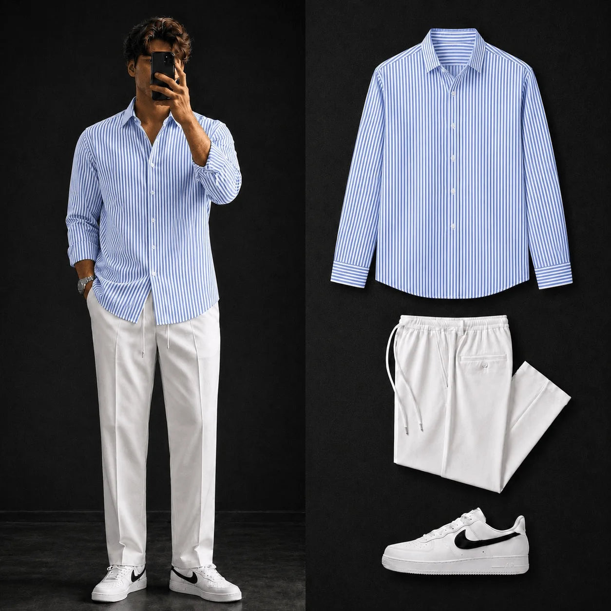 Premium Azure Stripe Full Sleeves Shirt With White Drawstring Trouser