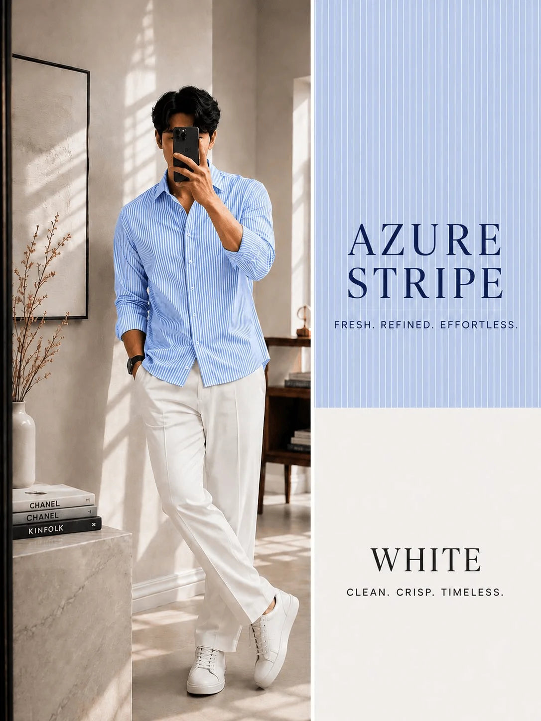Premium Azure Stripe Full Sleeves Shirt With White Drawstring Trouser
