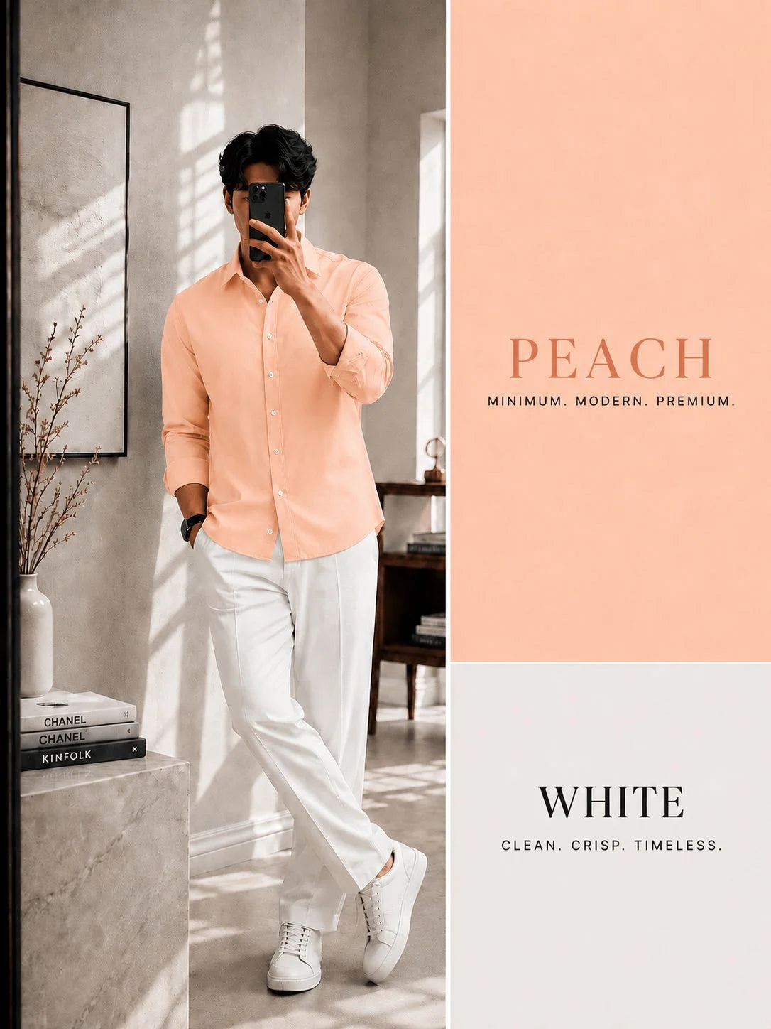 Premium Peach Full Sleeves Shirt With White Drawstring Trouser