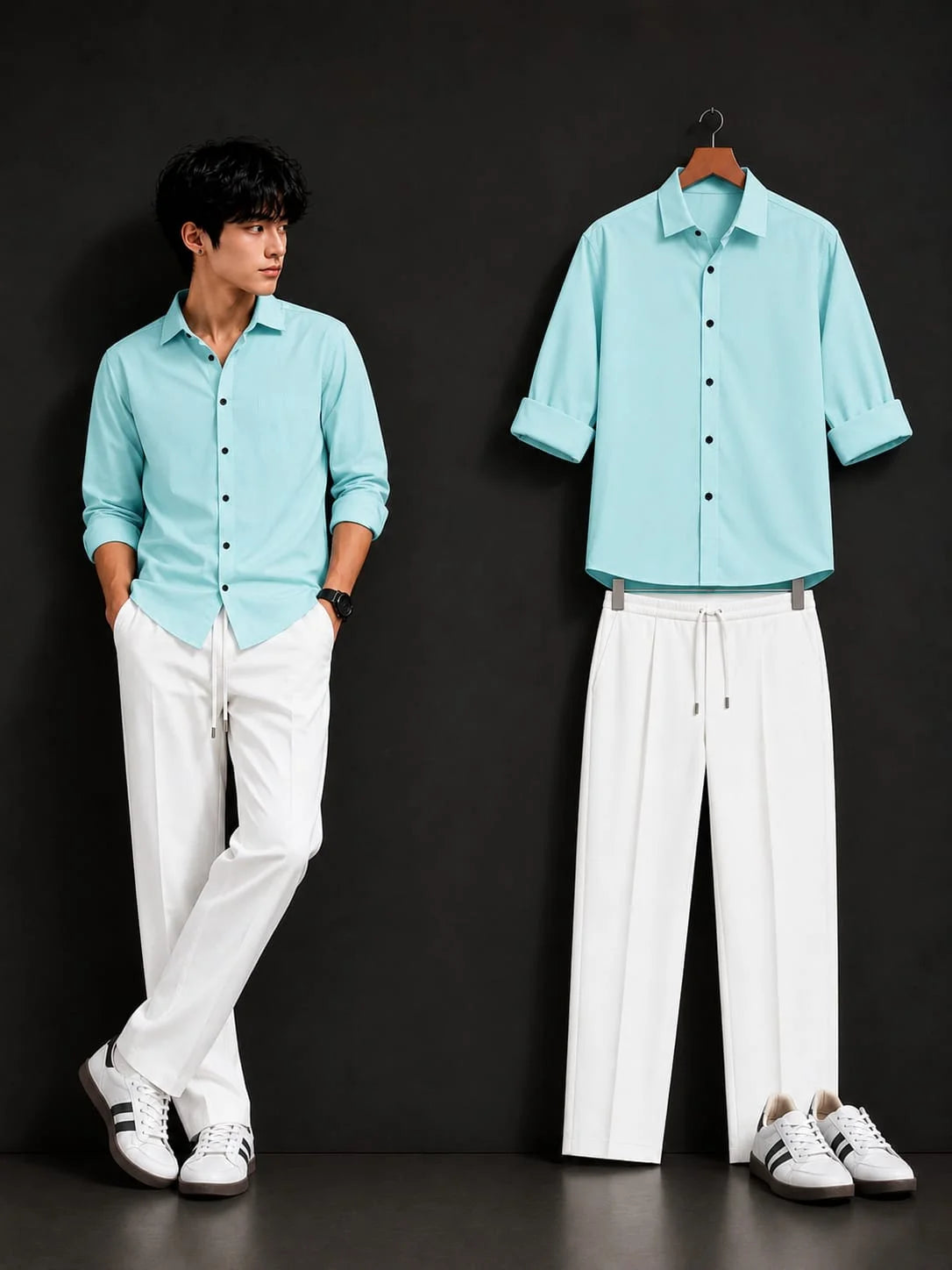 Premium Mint Blue Full Sleeves Shirt With White Drawstring Trouser