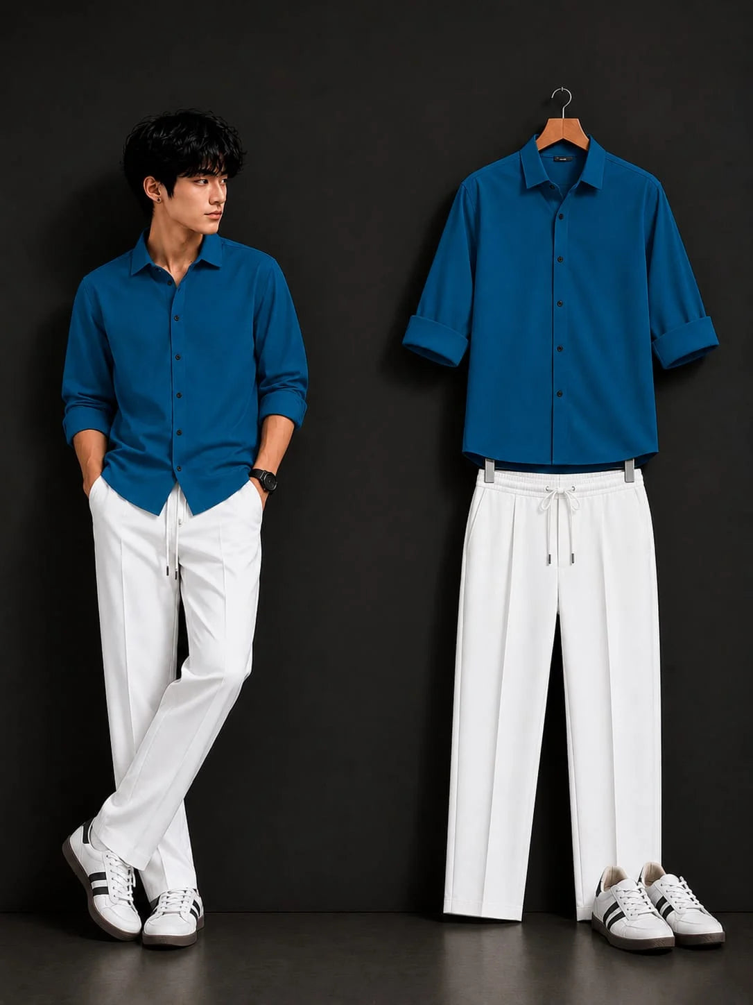 Premium Teal Blue Full Sleeves Shirt With White Drawstring Trouser