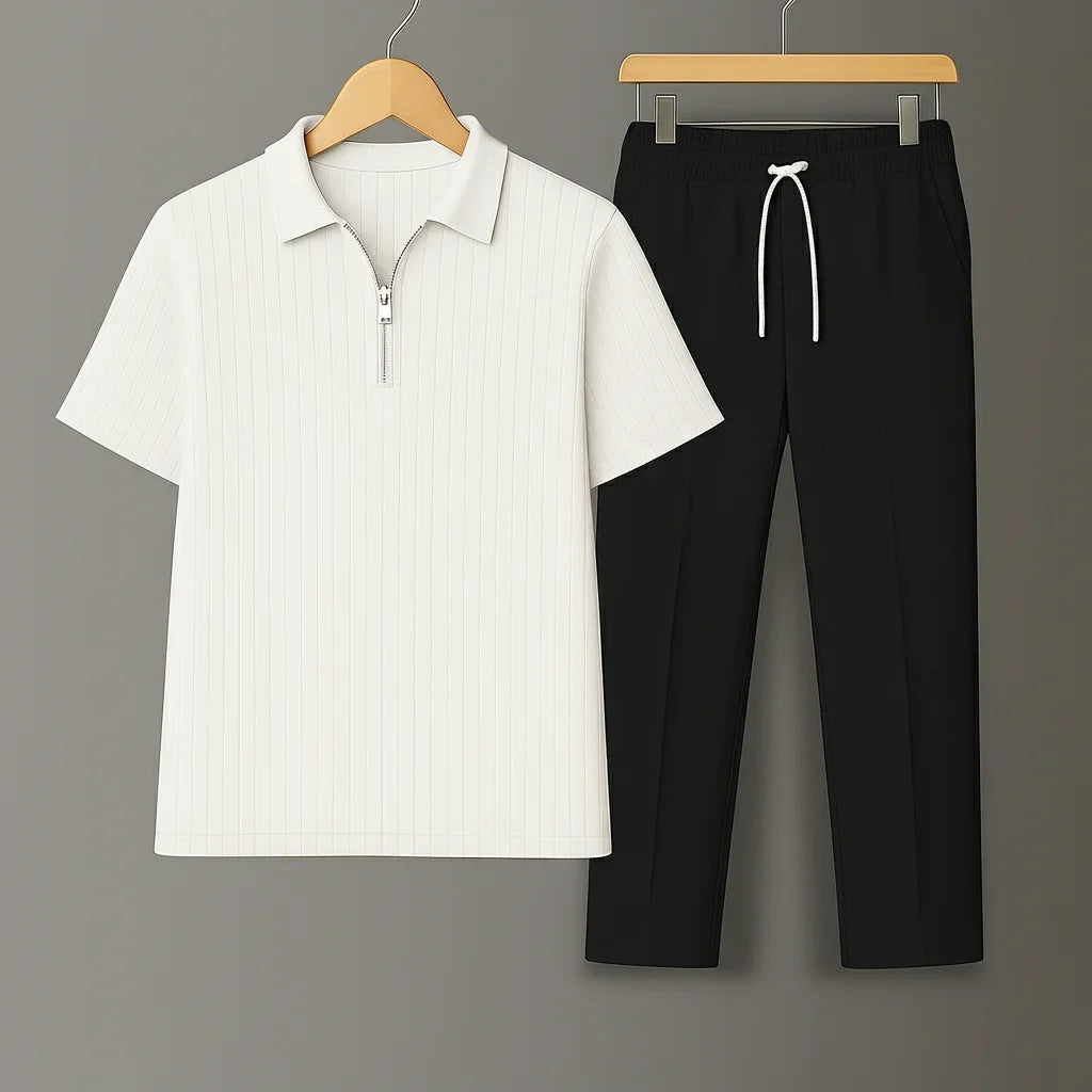 Knit Zip White Polo Shirt & Black Drawstring Trouser