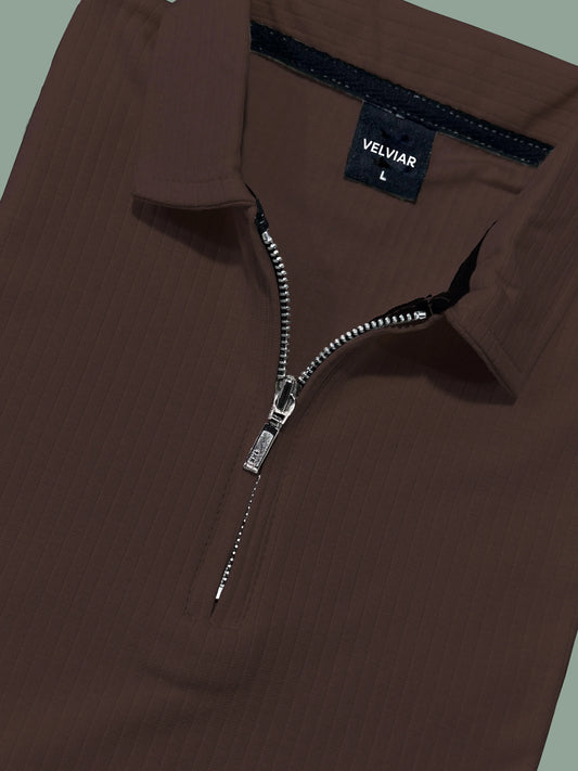 Knit Zip Brown Polo Shirt & White Drawstring Trouser