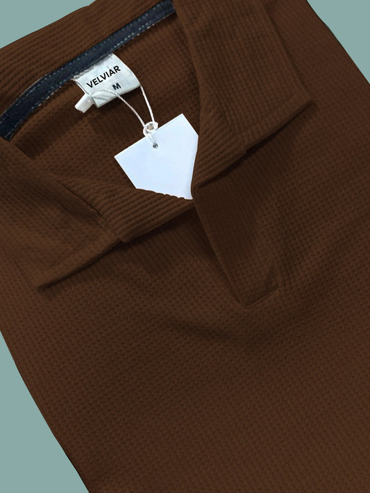 Knit Brown Polo Shirt & White Drawstring Trouser