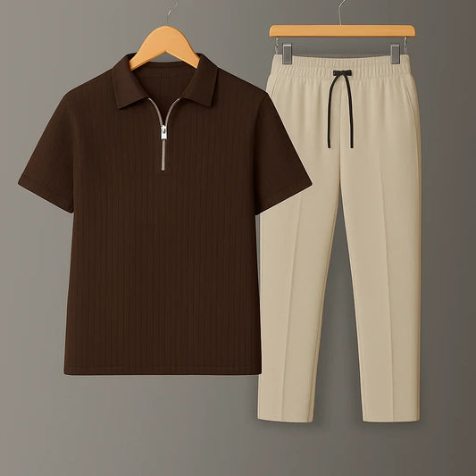 Knit Zip Brown Polo Shirt & Beige Drawstring Trouser