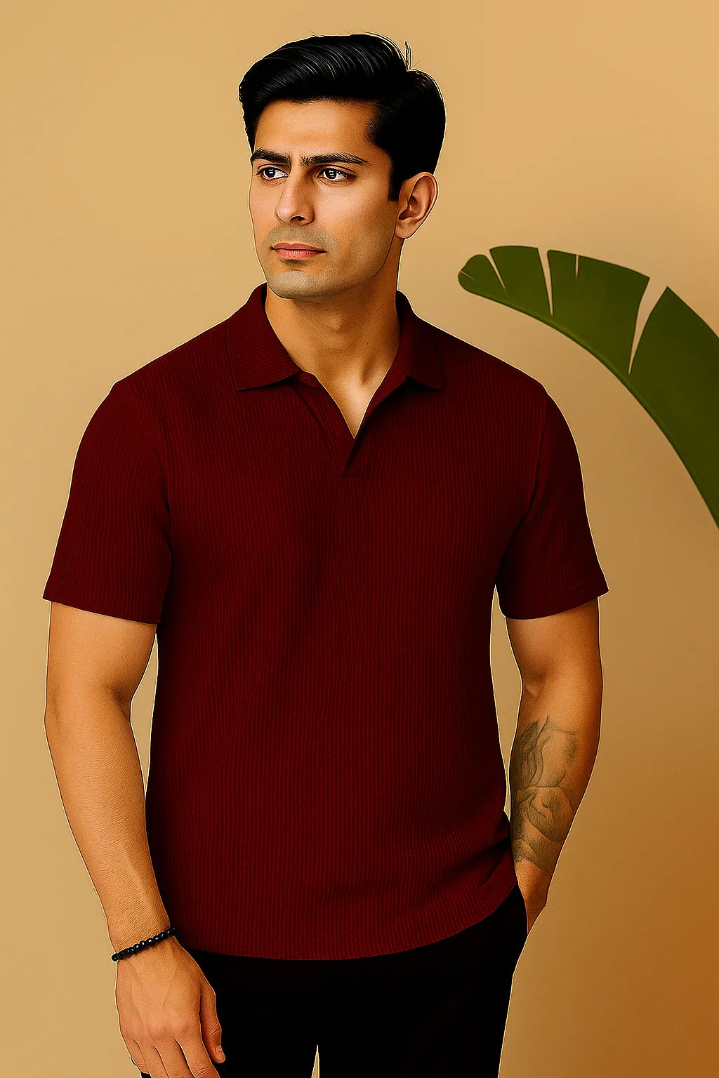 Manfinity RelaxMax Solid Waffle Knit Polo Shirt Maroon