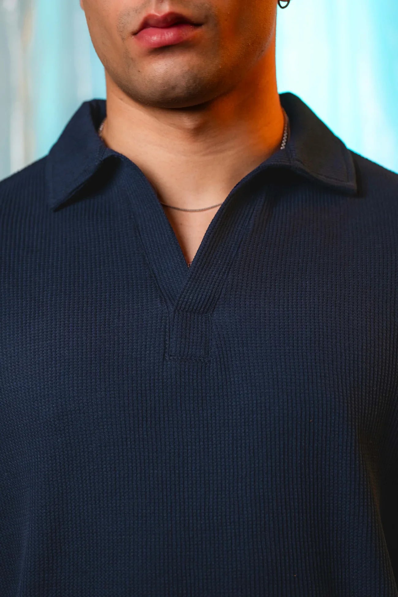 Manfinity RelaxMax Solid Waffle Knit Polo Shirt Navy Blue