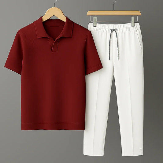 Knit Maroon Polo Shirt & White Drawstring Trouser