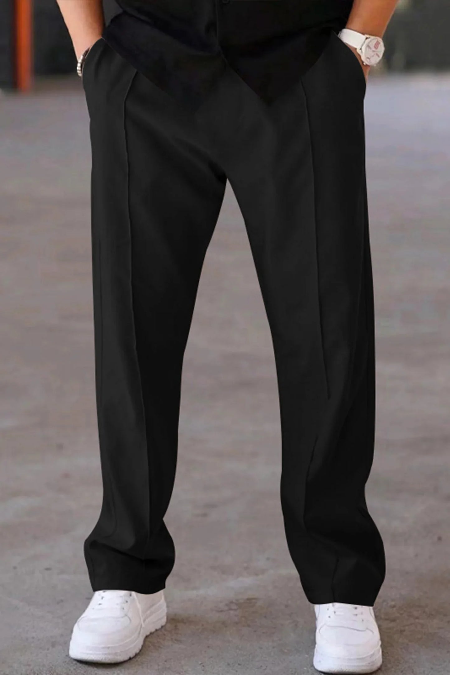 Knit Zip White Polo Shirt & Black Drawstring Trouser