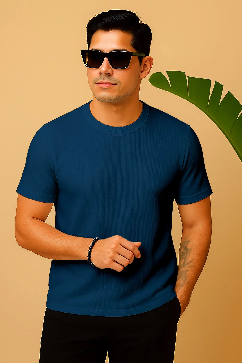 Round Neck Knitted Textured T Shirt Dark Blue