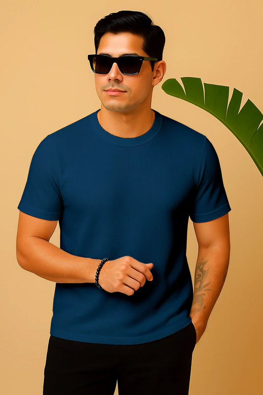 Round Neck Knitted Textured T Shirt Dark Blue