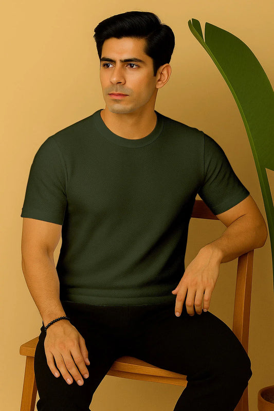 Round Neck Knitted Textured T Shirt Green